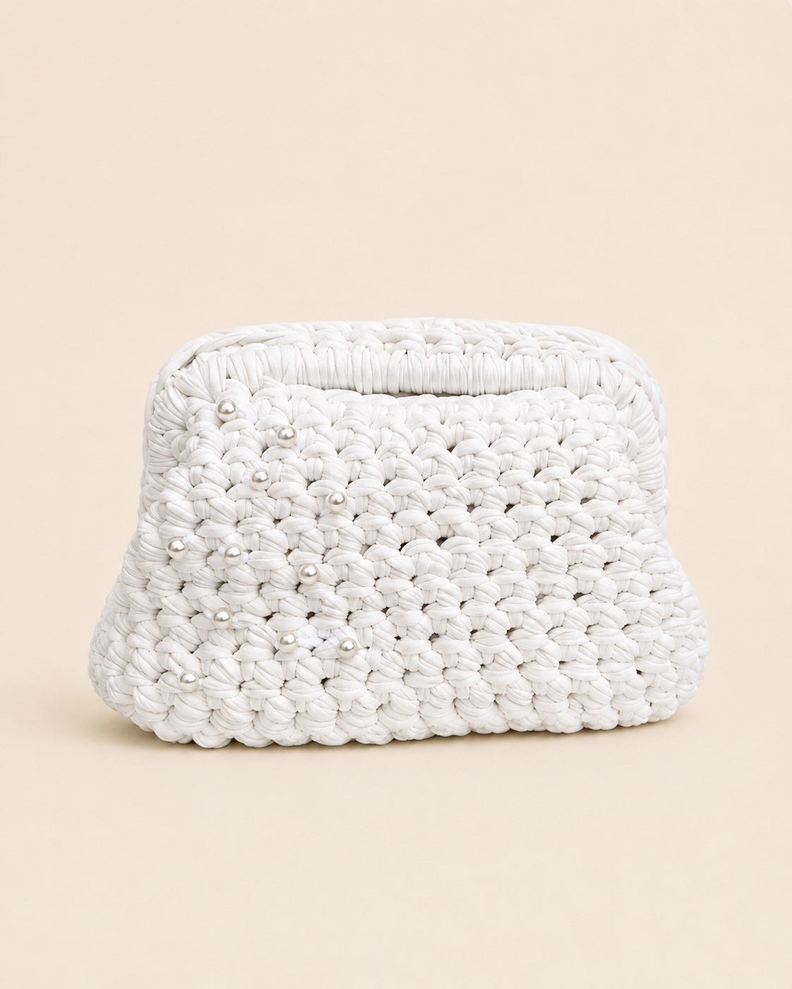 White chunky crochet clutch bag with pearl embellishments