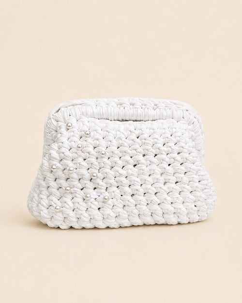 White chunky crochet clutch bag with pearl embellishments